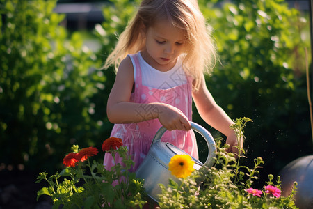 小女孩为花园浇水图片