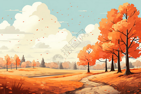 秋季树木森林秋季美景风光插画