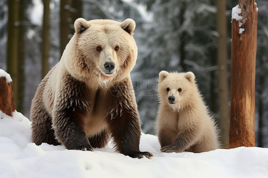 雪地中的母熊和幼崽图片
