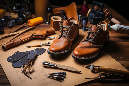 棕色的设备手工制作的皮革制品一双棕色鞋背景