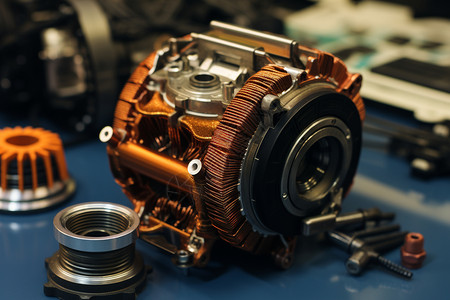引擎制造机械装配中的引擎特写照片背景