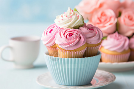 一杯奶油粉色奶油玫瑰杯子蛋糕和一杯背景