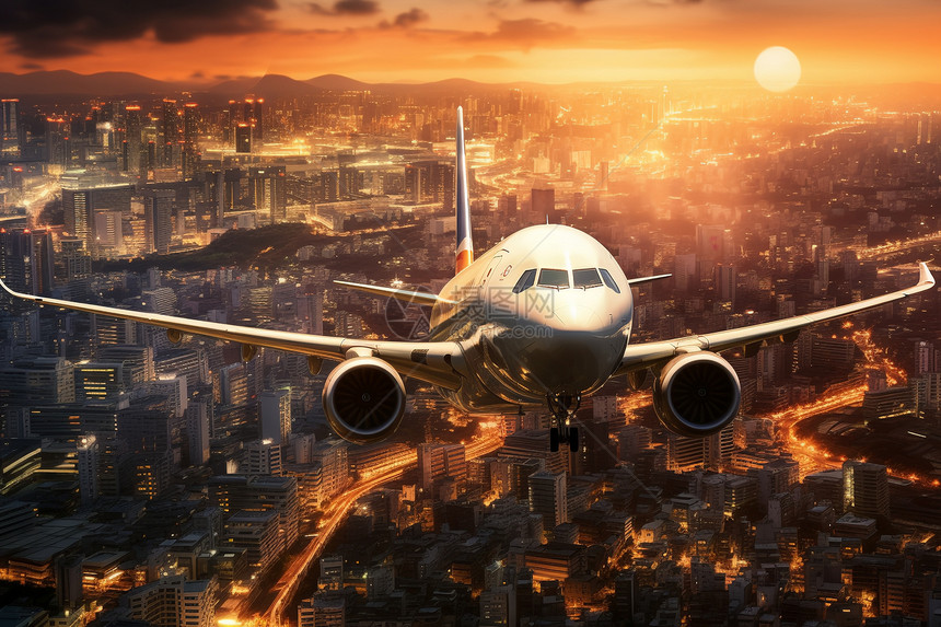 夜幕下的城市巨幅客机翱翔图片