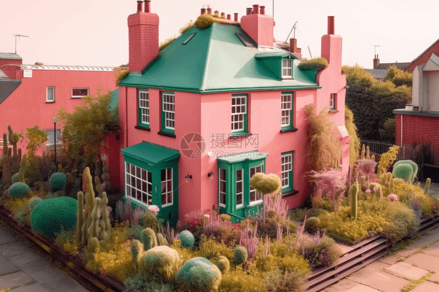 粉色房子绿色屋顶图片