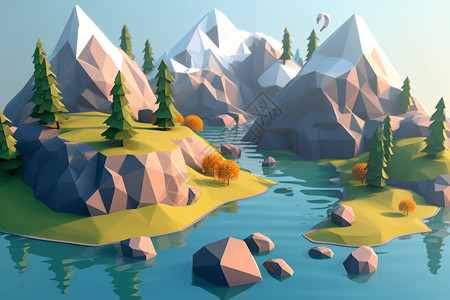 天然琥珀山体湖泊渲染效果图插画