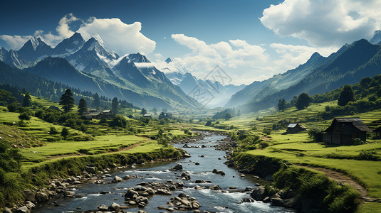 高山流水房子背景图片