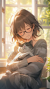 抱着猫咪午睡的少女图片