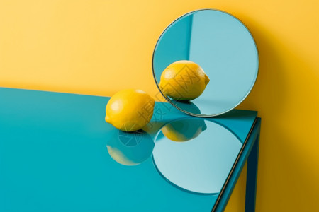 书桌上圆形镜面与柠檬图片