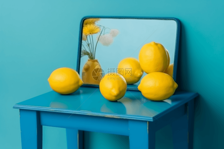 梳妆台上的镜子与柠檬图片