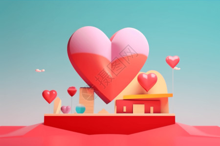 一个简单爱3D爱心房屋插画