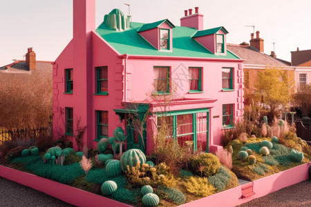 绿色花坛粉色房子绿色屋顶的小院插画
