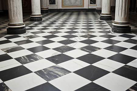 棋盘格黑白格子地板上的柱子背景