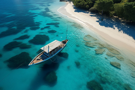 翡翠色海水中浮动的一艘船背景