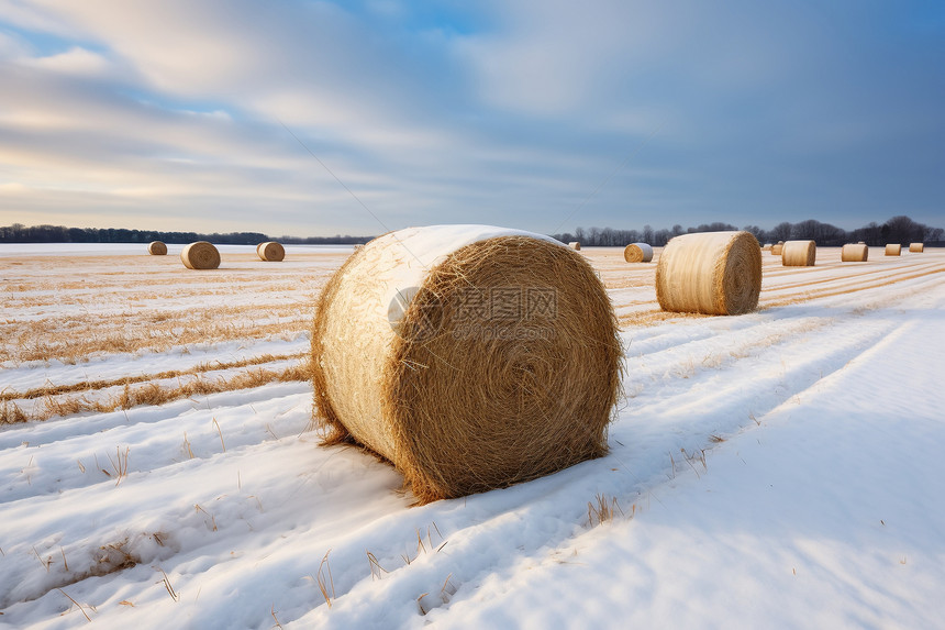 冬季农田中的稻草包图片