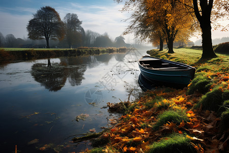 河边植被秋日孤舟背景