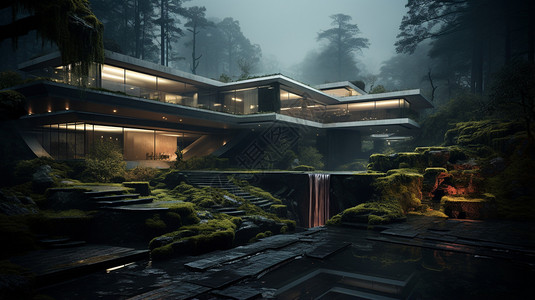 流水别墅森林环境中的建筑设计图片