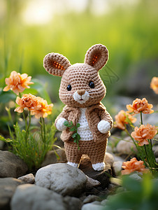 花朵旁的可爱针织小兔背景图片