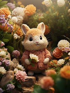 毛绒小兔花丛中可爱的卡通小兔插画