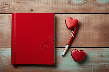 木桌上的红色笔记本图片