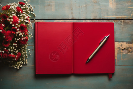 花束旁的红色笔记本图片