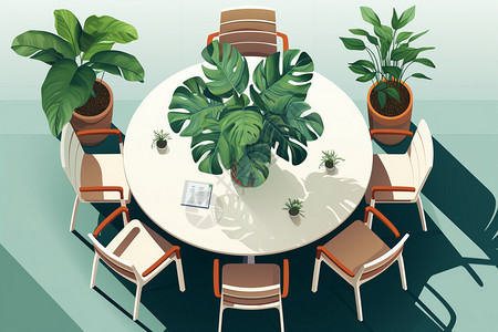 绿植装饰的会议桌插画背景图片