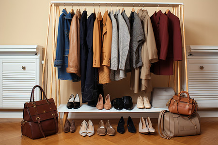 服装素材包时尚衣橱里的衣物和鞋包背景