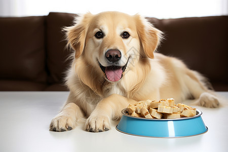 小狗狗趴在装满食物的狗碗旁背景图片