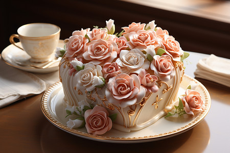 玫瑰糖心形花朵奶油蛋糕背景
