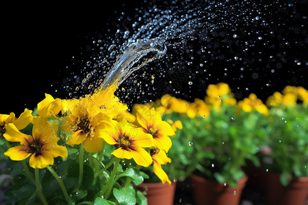 浇水喷头花园中的花朵背景