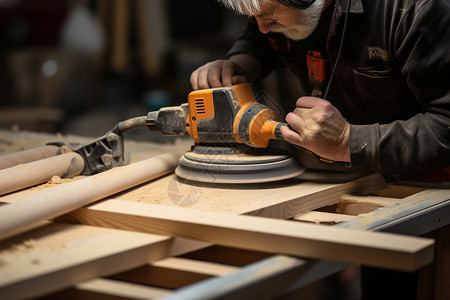 手工艺匠人磨光木头的男子图片