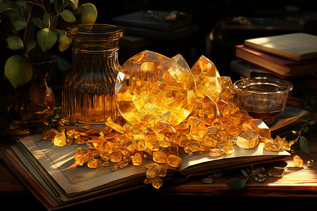 梦幻书的素材书堆上的黄色水晶，旁边是一瓶植物。背景
