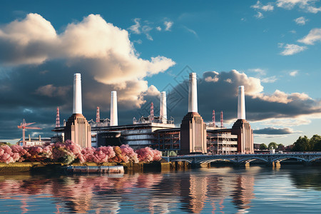 欧洲城市河岸旁的大型工厂图片