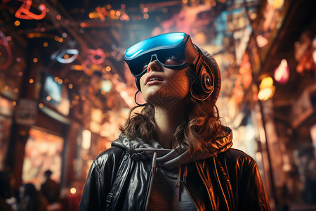 佩戴VR眼睛的科技感世界高清图片