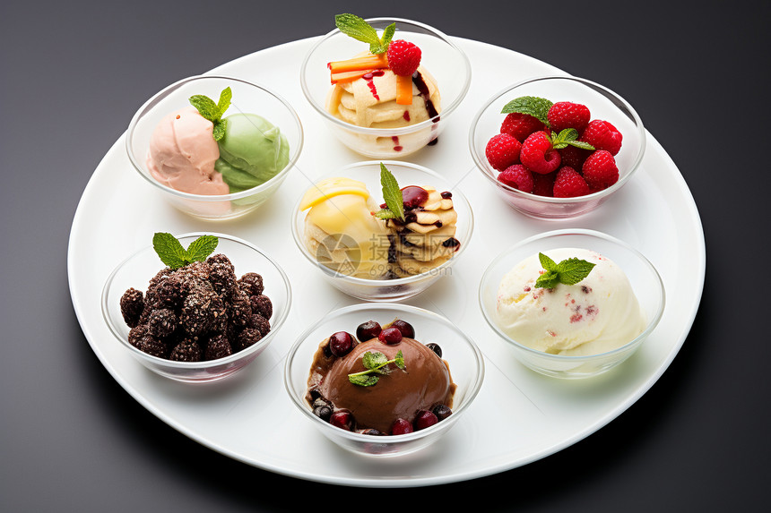 甜品盘上美味多样的冰淇淋图片