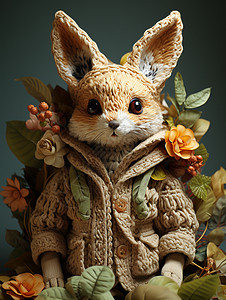 毛绒小兔鲜花环绕的编织小兔背景