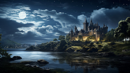 英国城堡星空下的城堡插画