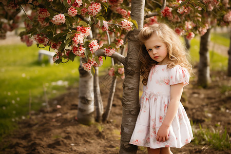 花树前的小女孩图片