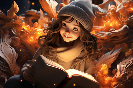女孩沉浸在书中世界里背景图片