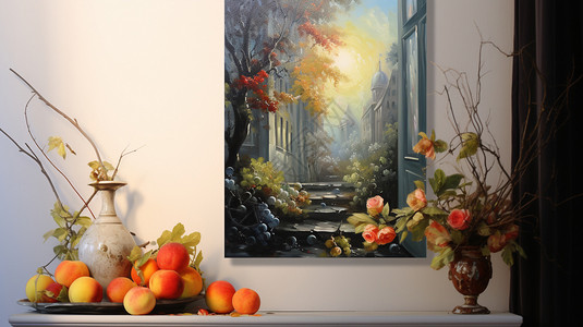 苹果插画室内壁挂风景油画背景