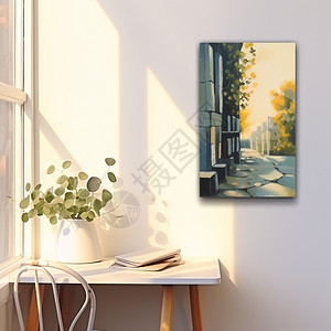 室内壁挂桉叶油画书桌背景图片