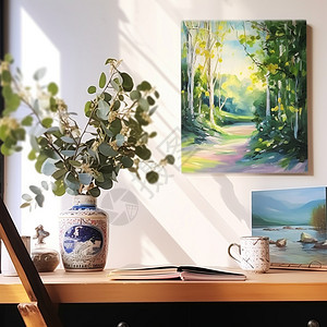 花架上的花瓶房间里的树林油画背景