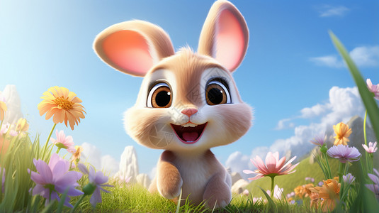 兔子从袋子里往外看野花从里的兔子插画