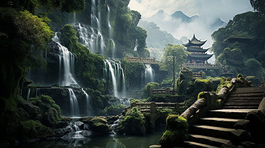 山崖间的瀑布和寺庙图片