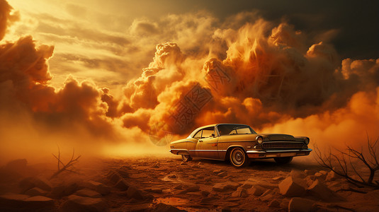 蘑菇云下的汽车背景图片