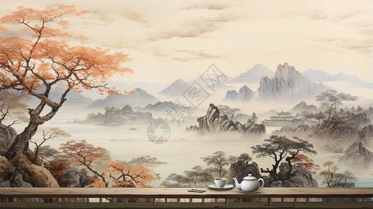 聊天壁纸中国山水意境插画