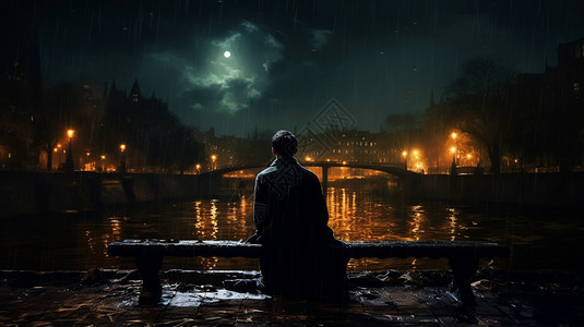 雨中坐在江边的男人图片