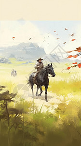 草原骑马手绘背景图片