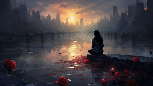 女孩坐在撒满玫瑰花瓣的湖边图片