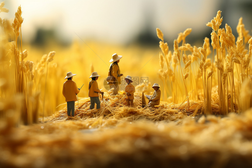 小人在金黄的稻田中图片