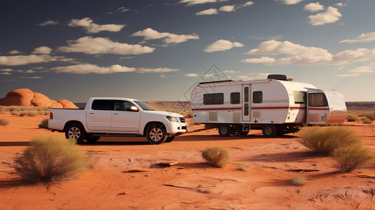 沙漠上的白色房车背景图片